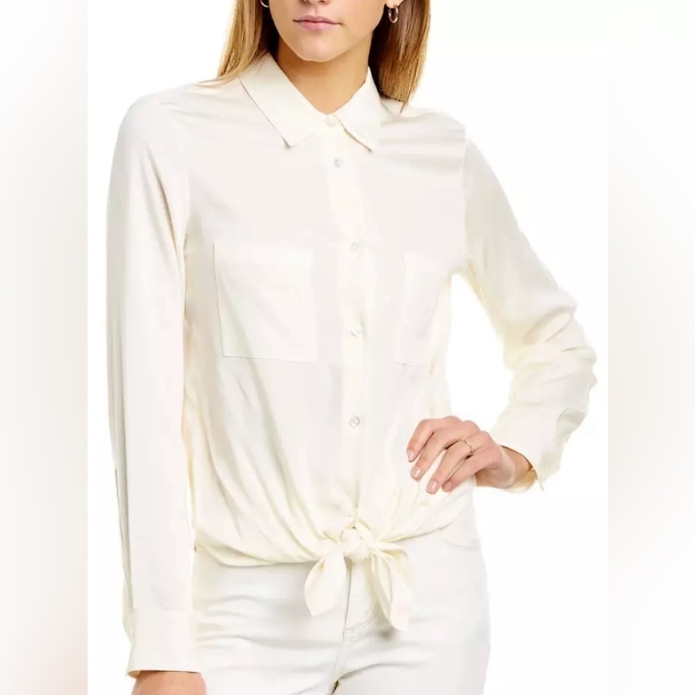 THEORY WOMEN Silk CREPE TIE-FRONT LONG SLEEVE BLOUSE IVORY Petite XS EUC - Picture 2 of 9